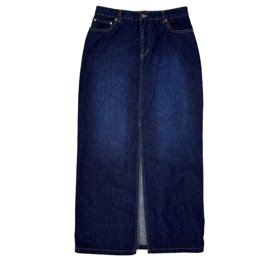 Contrast Jeans Dark Blue Wash Denim Maxi Skirt with Front Slit, 9